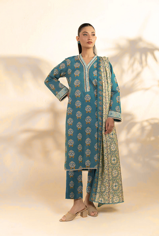 Teal-blue printed 3pc khaddar