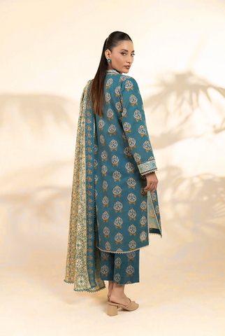 Teal-blue printed 3pc khaddar