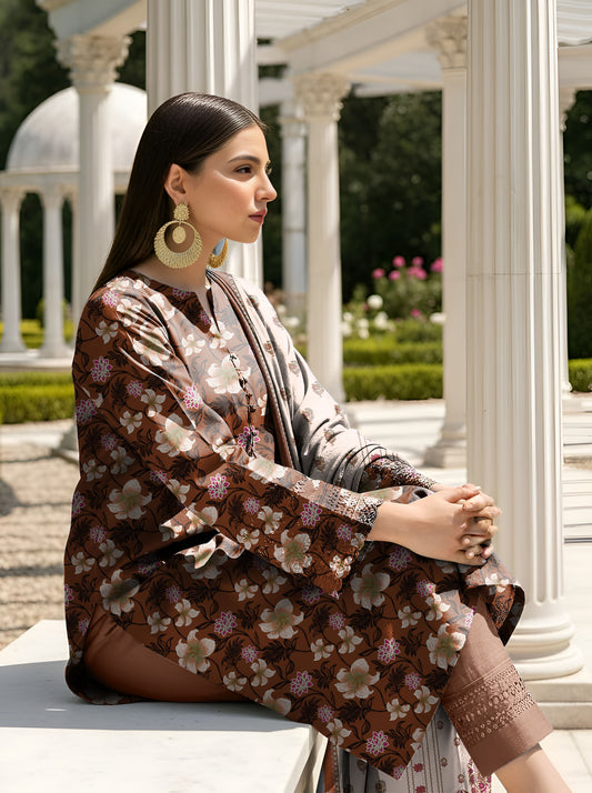 Agha Noor Floral Brown Printed Lawn Suit 3pc