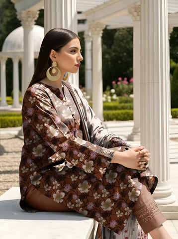 Agha Noor Floral Brown Printed Lawn Suit 3pc