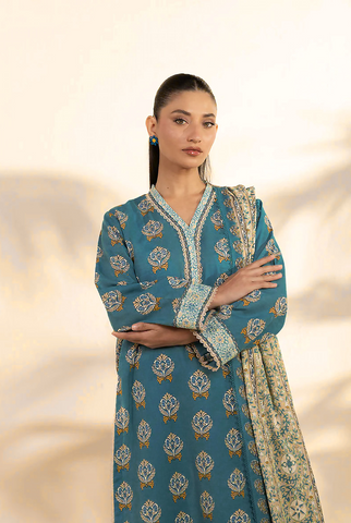 Teal-blue printed 3pc khaddar