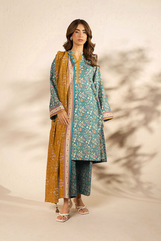 Sea-green printed 3pc khaddar