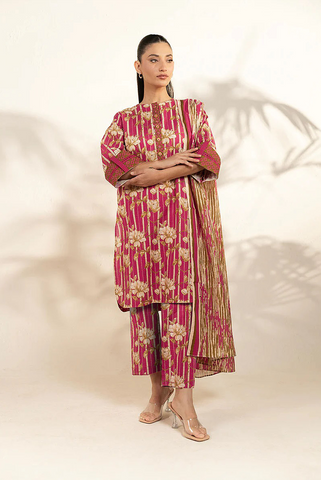 Magenta pink printed 3pc khaddar