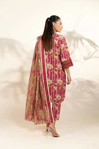 Magenta pink printed 3pc khaddar