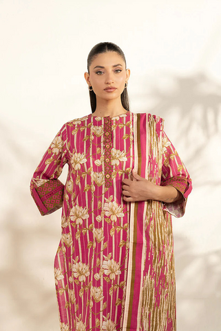 Magenta pink printed 3pc khaddar