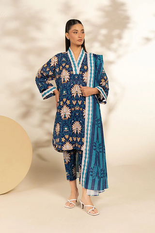 Dark blue printed 3pc khaddar
