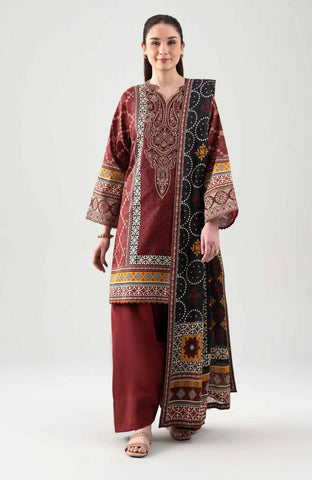 rust-maroon printed lawn 3pc