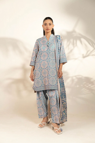 Ice blue printed 3pc khaddar
