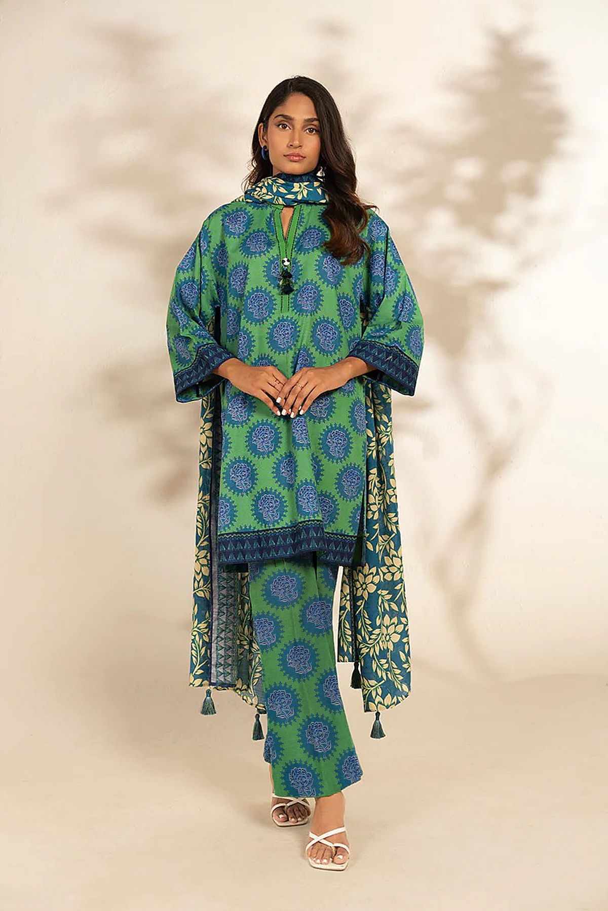 Green blue printed 3pc khaddar