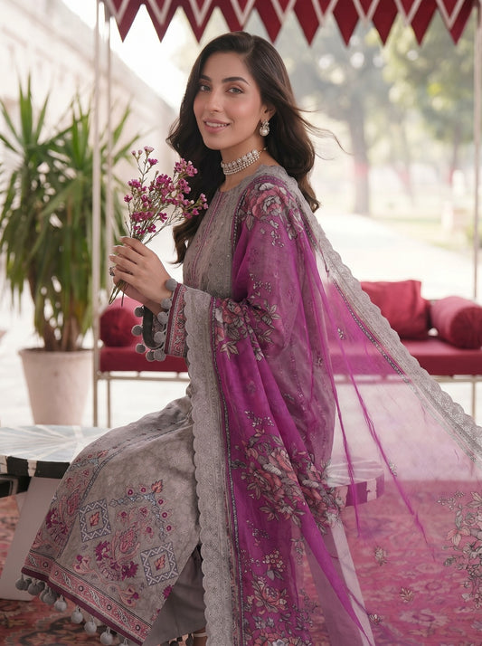 taupe-grey Printed Emb Lawn 3PC