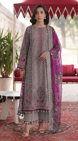 Sapphire taupe-grey Printed Emb Lawn 3PC