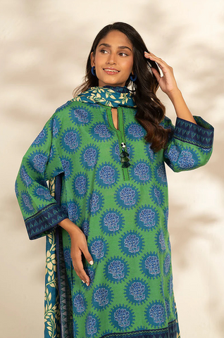 Green blue printed 3pc khaddar