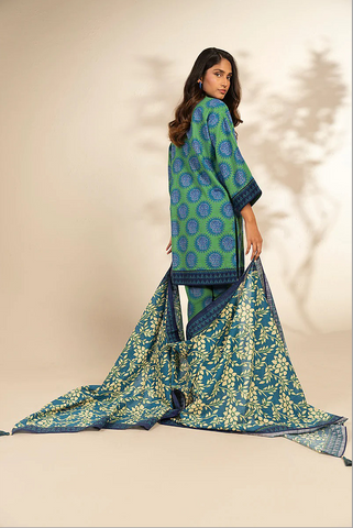 Green blue printed 3pc khaddar