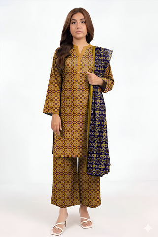 Mustard yellow printed 3pc khaddar