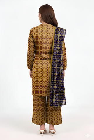 Mustard yellow printed 3pc khaddar