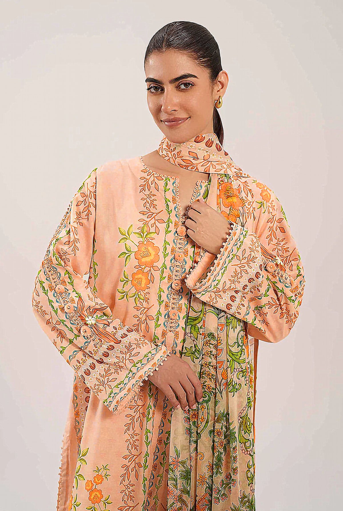 light peach printed lawn 3pc
