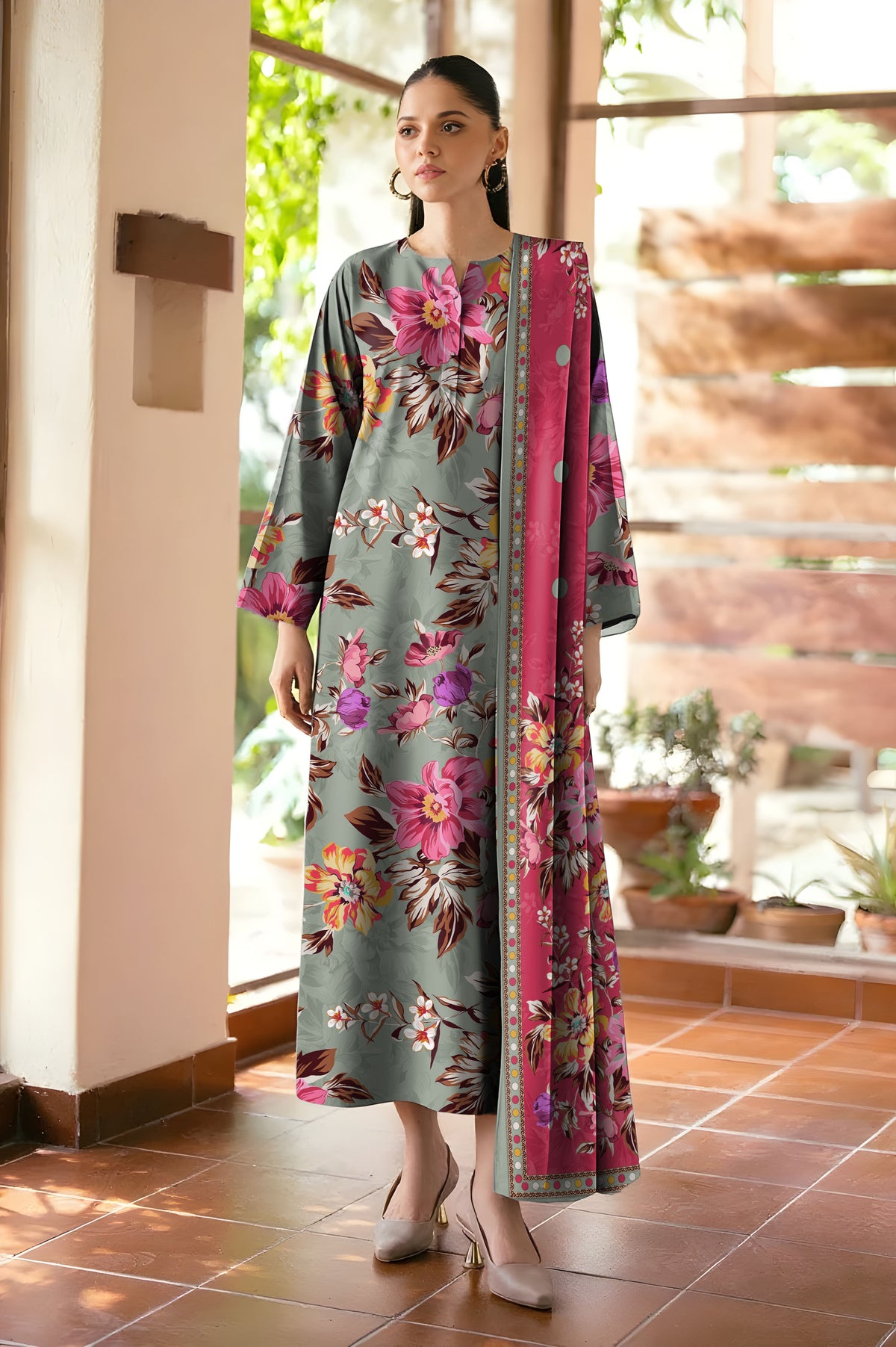 Olive grey printed 3pc khaddar