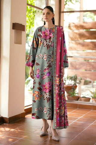 Olive grey printed 3pc khaddar