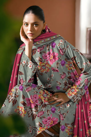 Olive grey printed 3pc khaddar