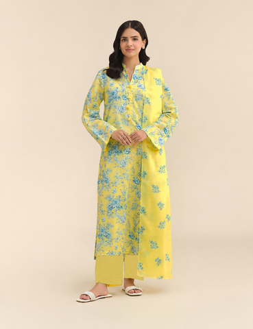 lemon yellow printed 3pc Linen