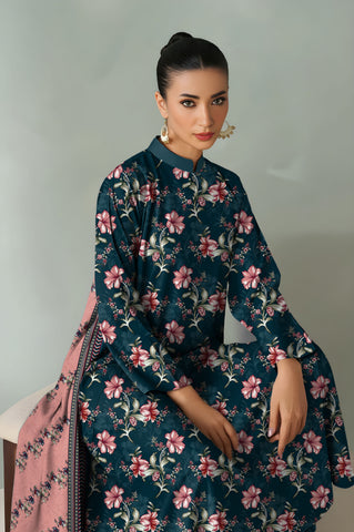 deep teal  printed 3pc khaddar