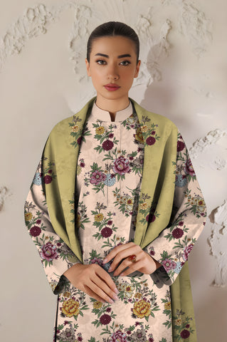 Light beig printed 3pc khaddar
