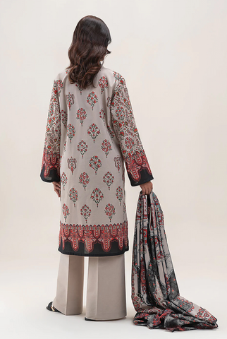 taupe-grey printed 3pc Linen