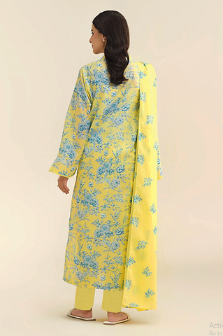 lemon yellow printed 3pc Linen