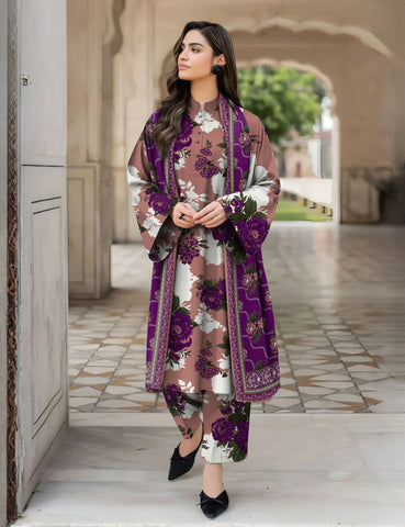taupe brown  printed 3pc khaddar