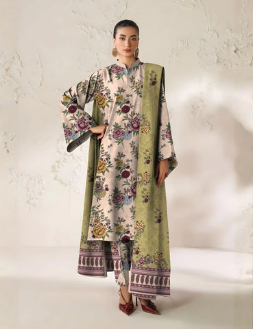 Light beig printed 3pc khaddar