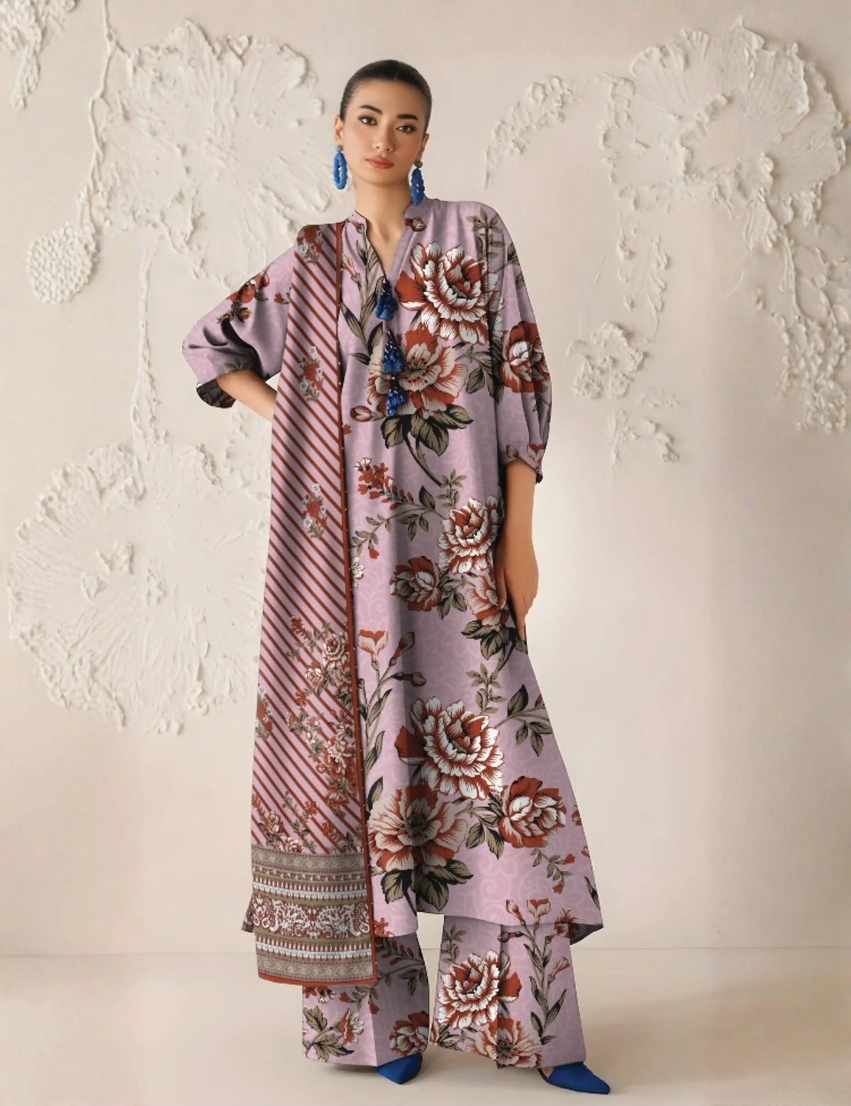 mauve printed 3pc khaddar