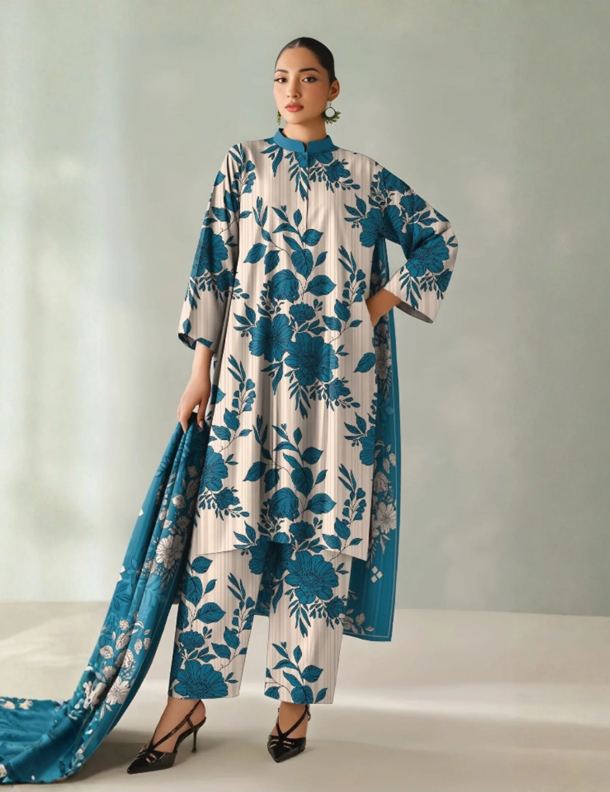 cream printed 3pc khaddar