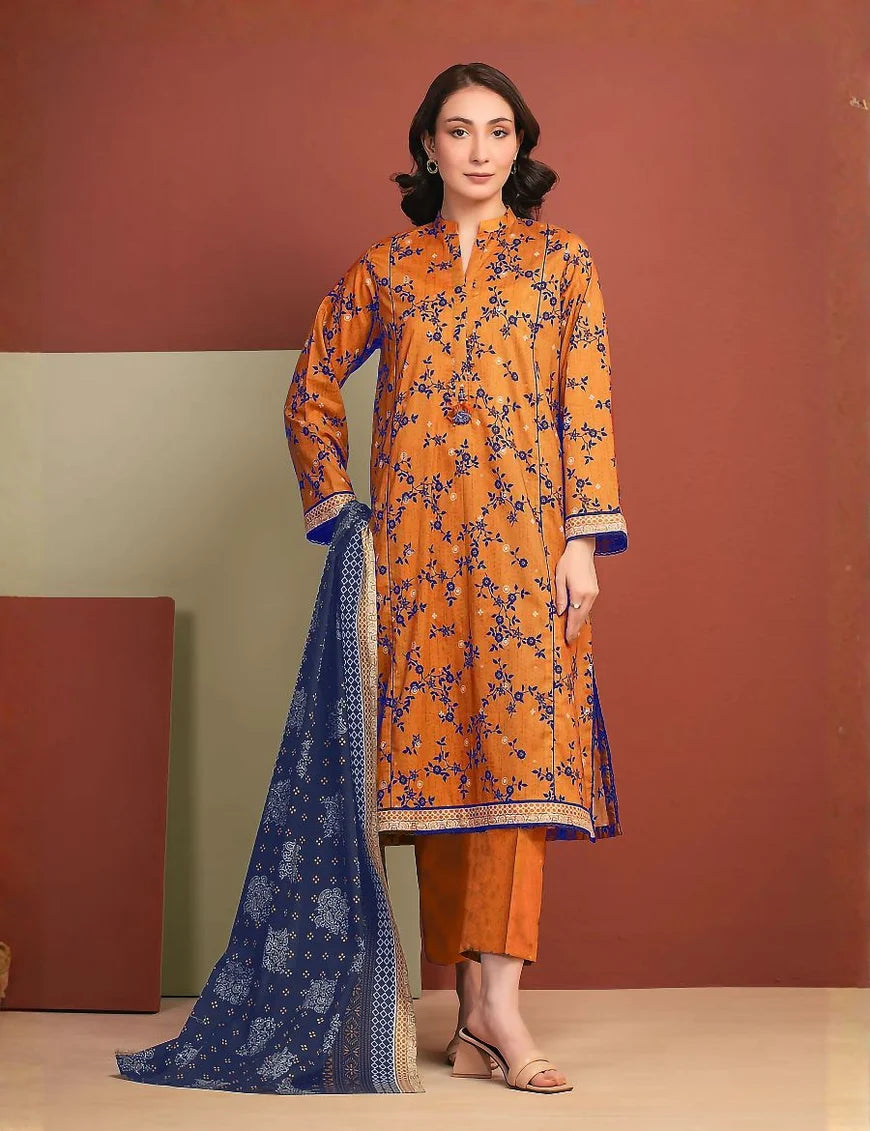 orange printed 3pc Linen