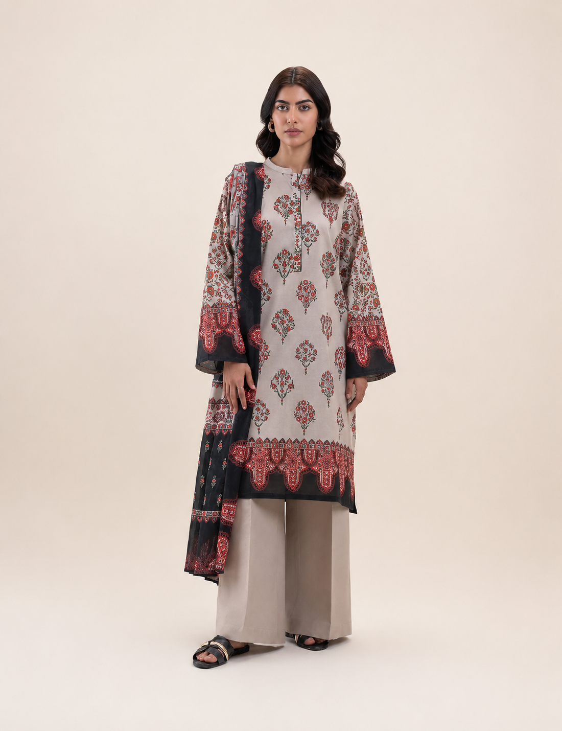 taupe-grey printed 3pc Linen