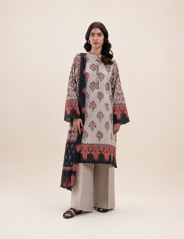 taupe-grey printed 3pc Linen