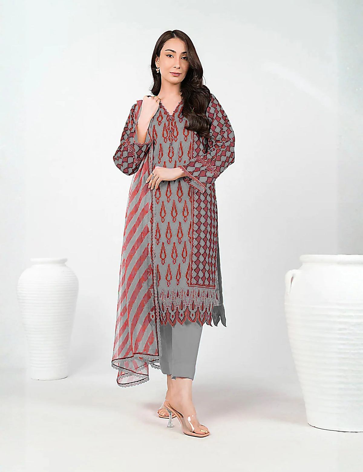 Unstitched printed 3pc vintex peach