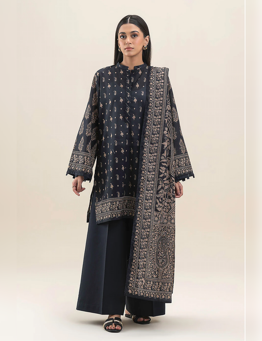 Black printed 3pc Linen