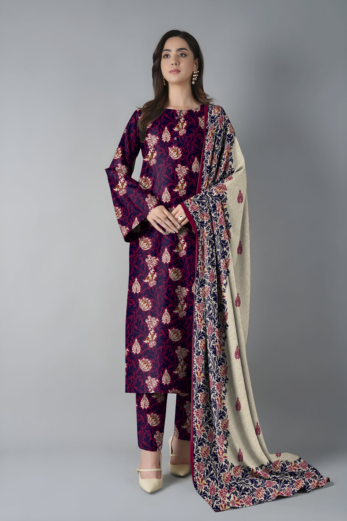 Royal purple printed 3pc Linen