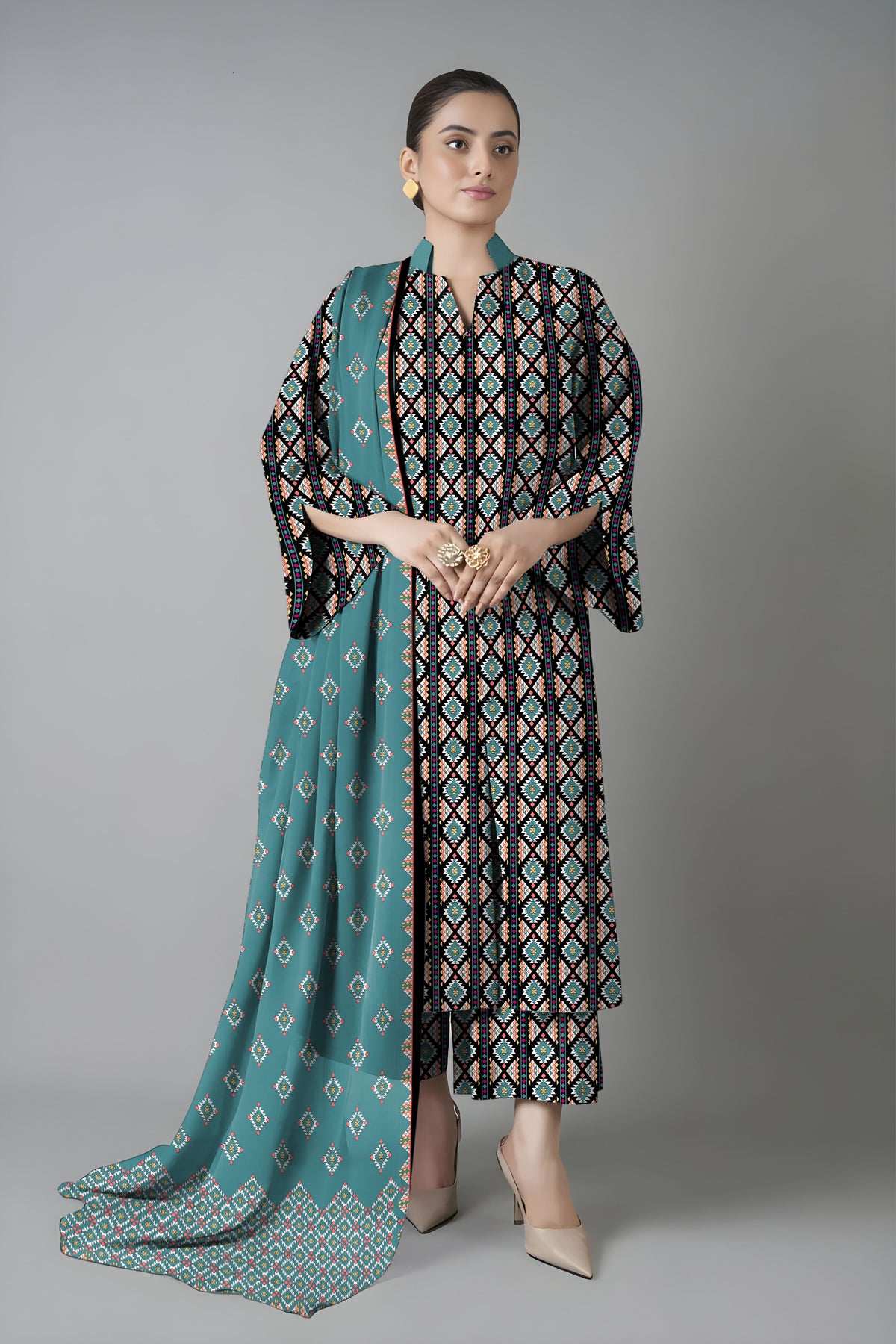 diamond motif printed 3pc Linen