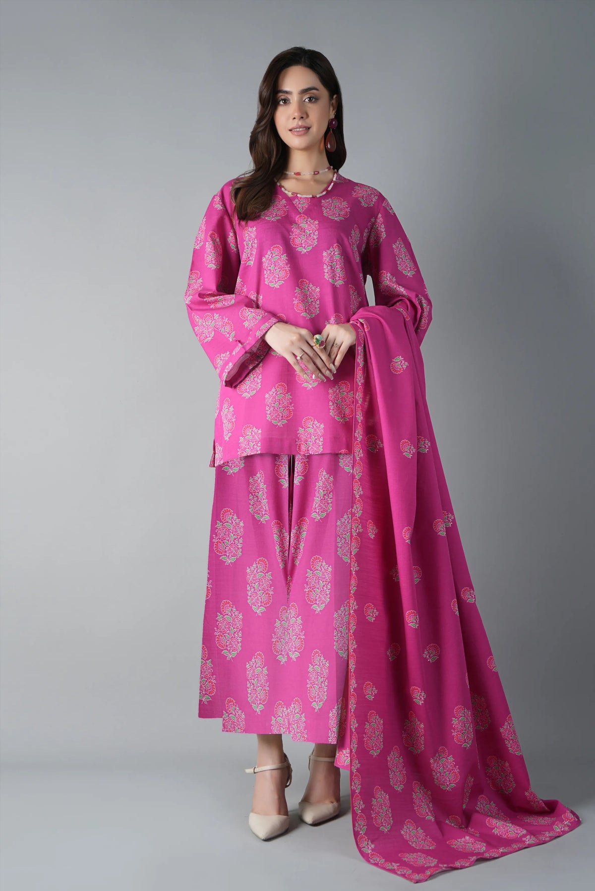 Magenta pink printed 3pc Linen