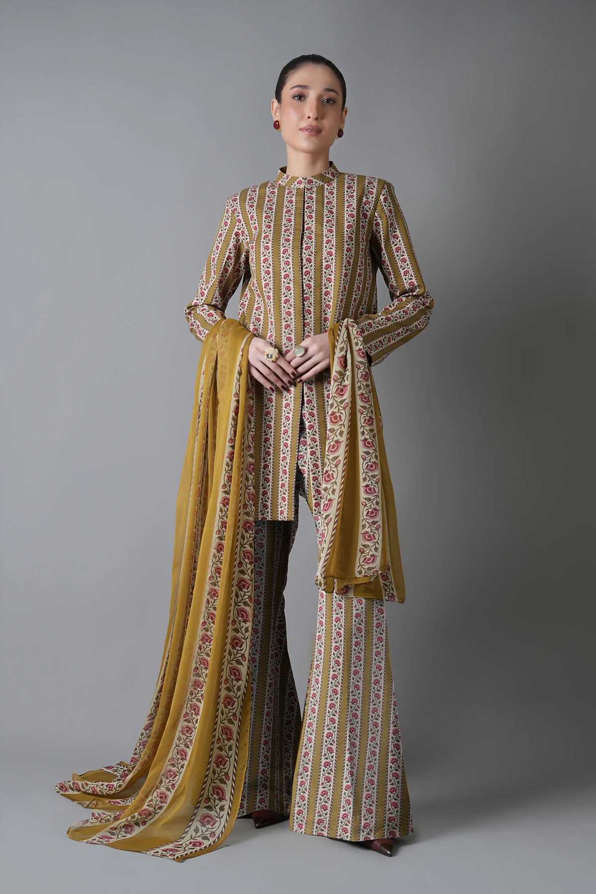 Olive yellow printed 3pc Linen