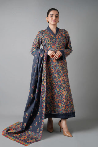 Slate blue printed 3pc Linen